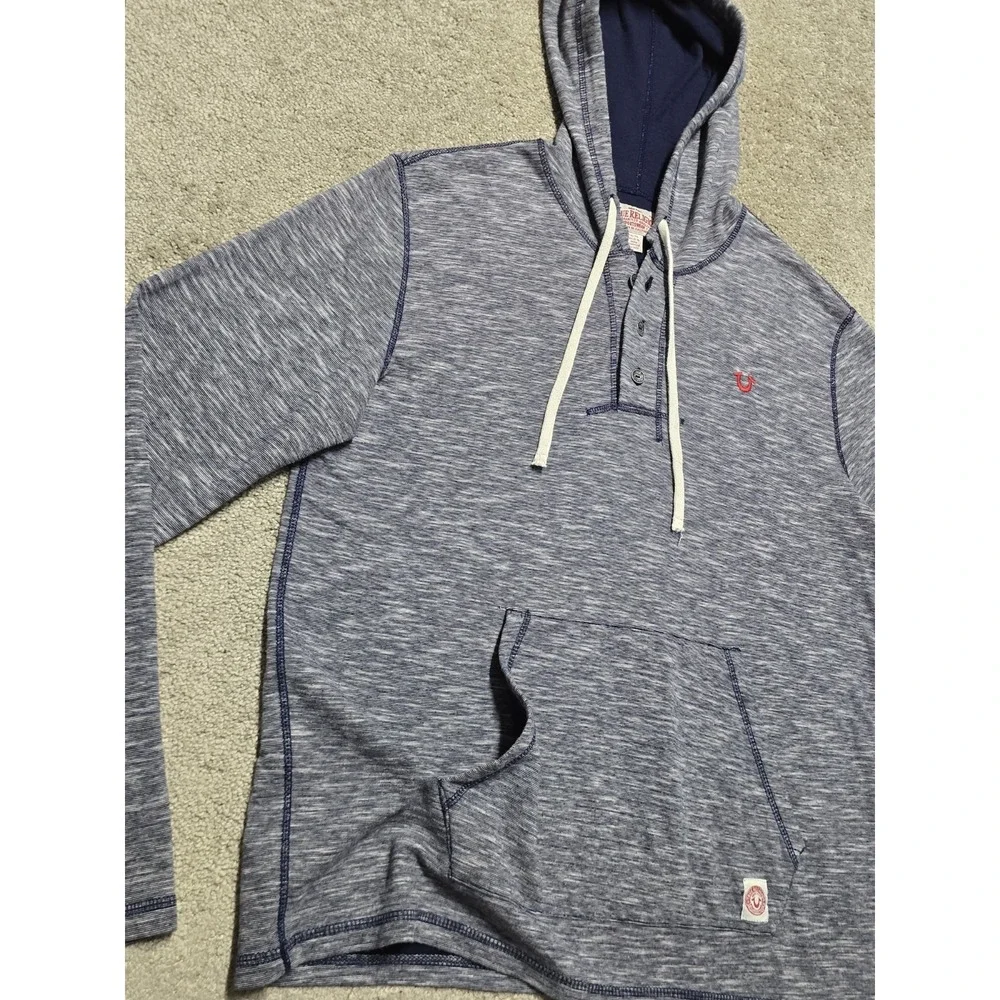 True Religion Heathered‎ Blue Henley Hoodie Jacket Mens Large Lightweight EUC